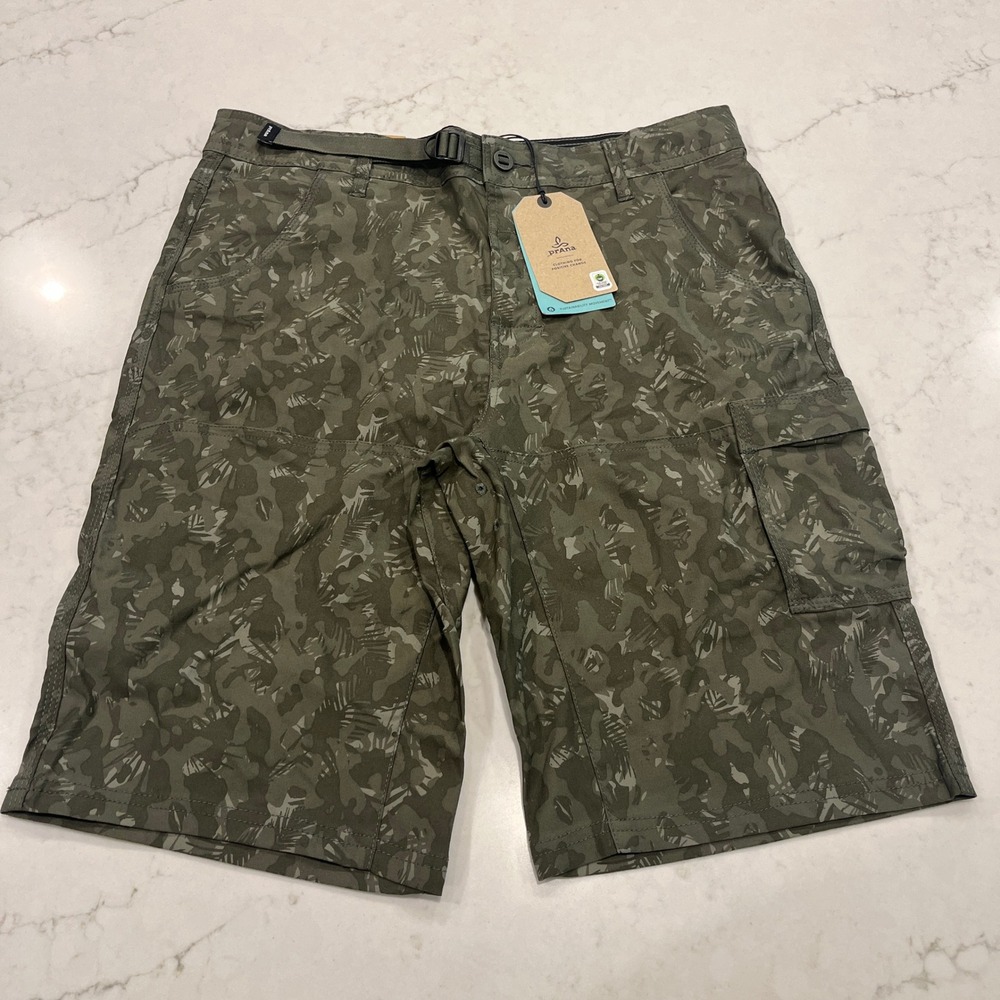 Prana NEW Mens 33 x 10" Stretch Zion Short II Green Camo Hiking Outdoor Gorpcore